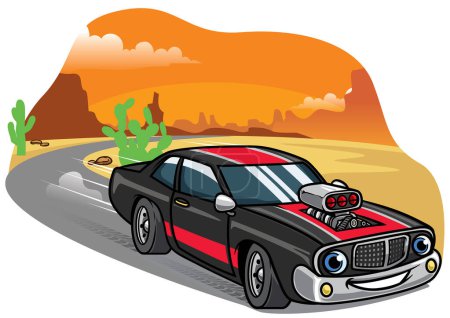 Illustration for Cartoon muscle car drive fast on the road - Royalty Free Image