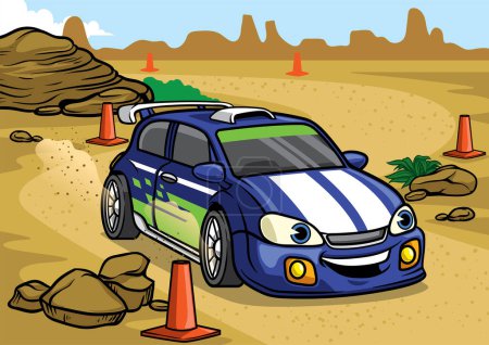 Illustration for Cartoon rally car drive in the desert - Royalty Free Image