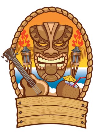 Ilustración de Máscara de tiki con ukelele y coco - Imagen libre de derechos