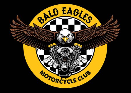 Illustration for Bald eagle badge grip the motorcycle engine - Royalty Free Image