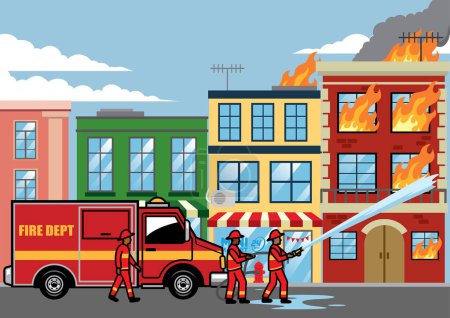 Illustration for Firefighter extinguish the fire on the building - Royalty Free Image
