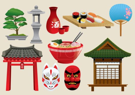 Japón conjunto de objetos tradicionales