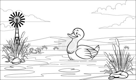 schwarz-weißes Malbuch Ente im Teich