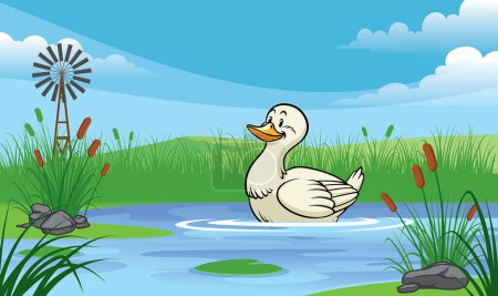 Ente im Teich im Cartoon-Stil