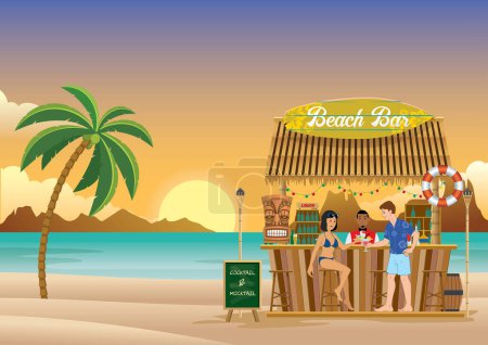 Ilustración de Puesta de sol en el bar de la playa - Imagen libre de derechos