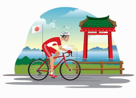 man cycling in japan with japanese gate as bakcground