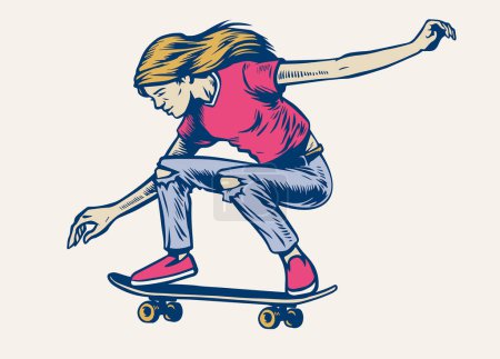 fille sautant sur son skateboard dans le style dessiné à la main