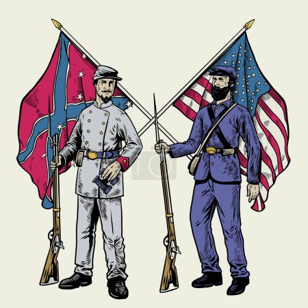 Ilustración de Mano dibujo vintage estilo americano guerra civil soldado con banderas - Imagen libre de derechos