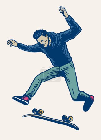 man doing skateboard trick drawn in vintage hand drawing style