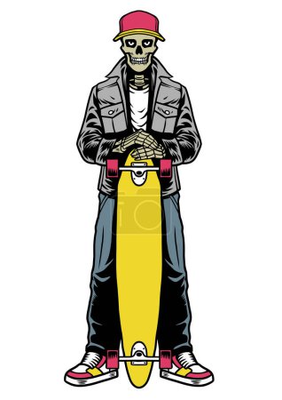 Totenkopf-Skater posiert mit dem Longboard