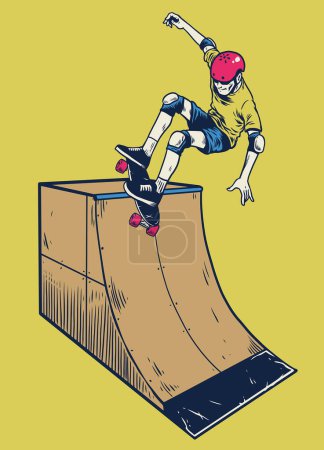 vintage illustration man playing skateboard on the ramp 