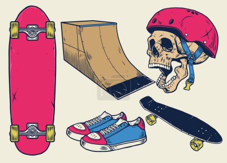 objetos de skate vintage establecidos en estilo de dibujo a mano