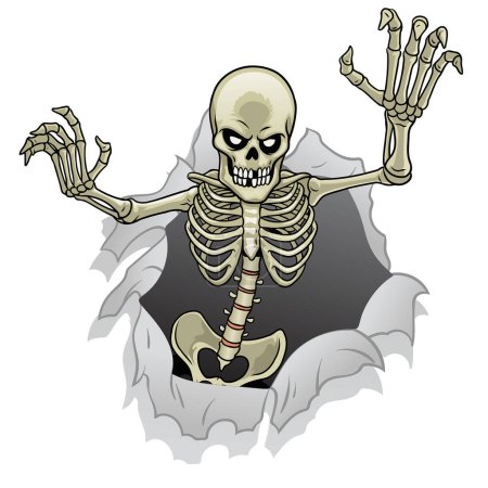 Illustration for Cartoon skeleton character out from the broken paper hole - Royalty Free Image
