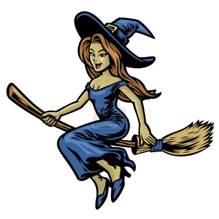 Illustration for Cute beautiful witch riding her flying broom - Royalty Free Image