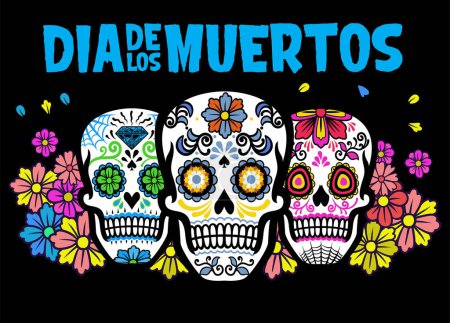 Illustration for Dia de los muertos design with three sugar skull - Royalty Free Image