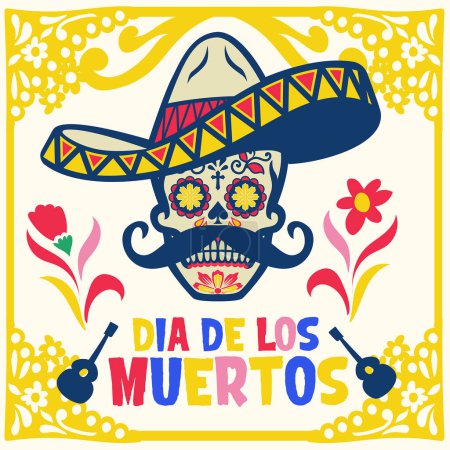 Illustration for Dia de los muertos design with sugar skull wearing mexican sombrero - Royalty Free Image