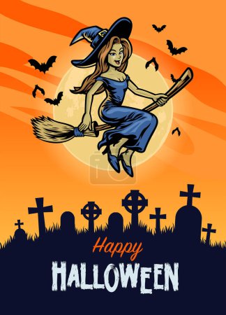 Illustration for Halloween design with cute witch riding flying broom - Royalty Free Image