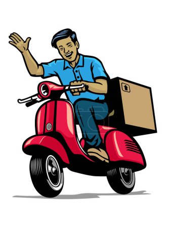 Illustration for Delivery courier service worker smiling while riding vintage scooter - Royalty Free Image