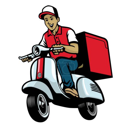 Illustration for Dalivery service worker riding vintage scooter - Royalty Free Image