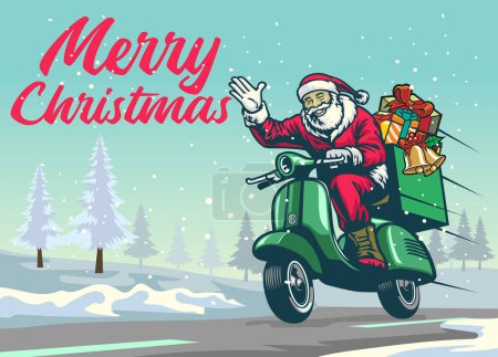 Illustration for Happy santa claus riding vintage scooter in the middle of christ - Royalty Free Image