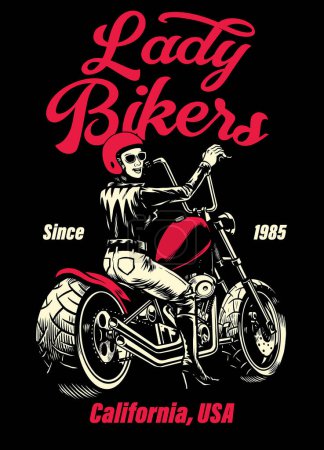 Téléchargez les illustrations : Dame motard chopper moto t-shirt design - en licence libre de droit