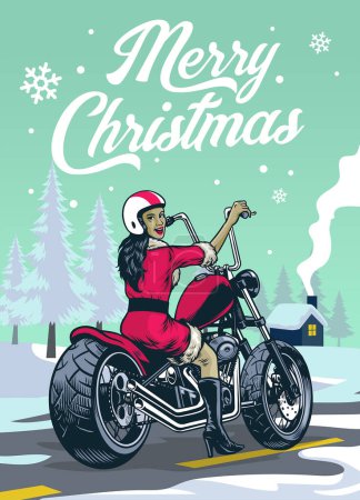 Téléchargez les illustrations : Dame motard en costume de Père Noël claus au milieu de la victoire de Noël - en licence libre de droit