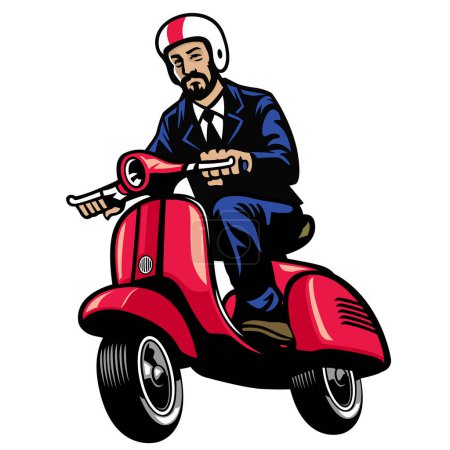 Illustration for Man in black suit riding vintage scooter - Royalty Free Image