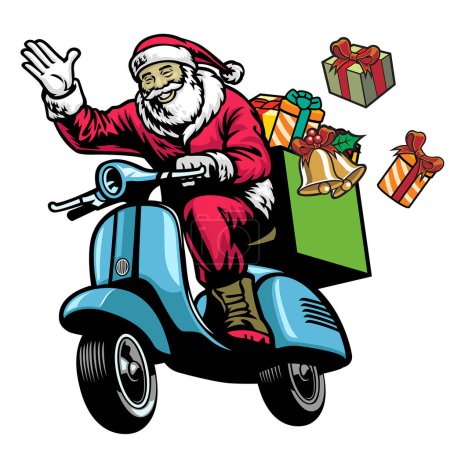 Illustration for Santa claus riding old scooter with bunch of christmas presents - Royalty Free Image