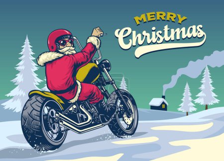 Illustration for Vintage style hand drawn of santa claus ridinh chopper motorcycle - Royalty Free Image