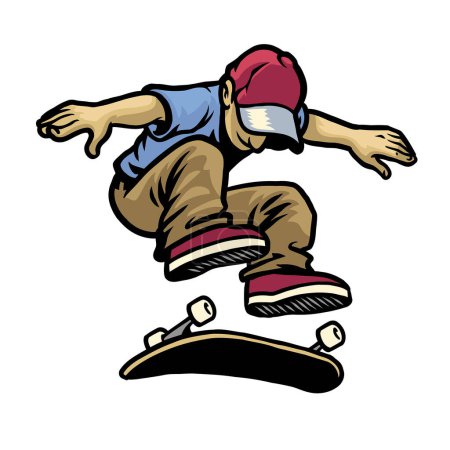 skull character playing skateboard doing kickflip