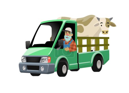 agriculteur dessin animé conduite camion transportant la vache