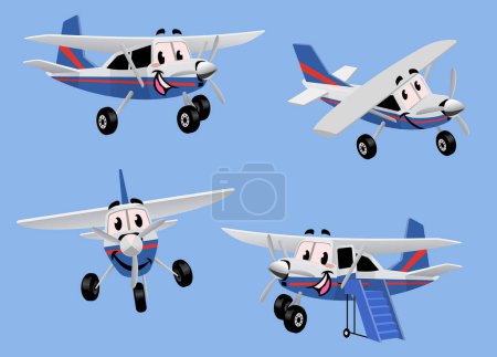 set of small turbo propelled airplane in cartoon character