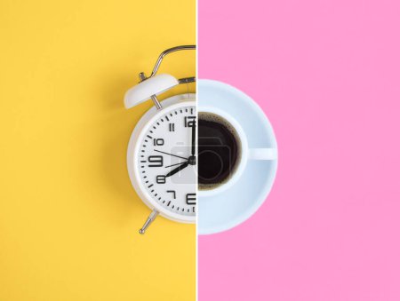 Photo for Collage of white alarm clock and coffee cup on the colored background. Top view. Copy space. - Royalty Free Image