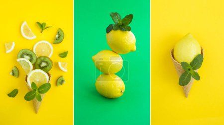 Collage of ice cream cone with  lemon and lemon in balance on the colored background. Close-up.