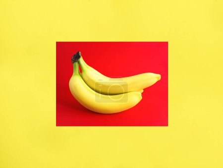 Téléchargez les photos : Banane jaune sur le fond jaune ane rouge. Espace de copie. Gros plan. - en image libre de droit