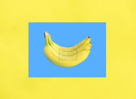 Foto de Plátano amarillo sobre fondo azul y amarillo. Copiar espacio. Primer plano. - Imagen libre de derechos