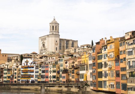 View of the old town and bridge on a summer day. Girona. Spain.
