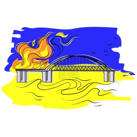 Die Krim-Brücke steht in Flammen. Brennende Krim-Kertsch-Brücke vor dem Hintergrund der Handzeichnung der ukrainischen Flagge. Entwurf für Plakat, Druck, Banner, Emblem
