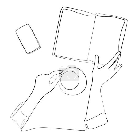 Frauenhände von oben, die ein offenes Buch mit durchgehender Linienzeichnung als Vektorillustration halten. Tisch mit einer Tasse Kaffee oder Tee und einem daneben liegenden Smartphone. Kaffeepause mit Buch