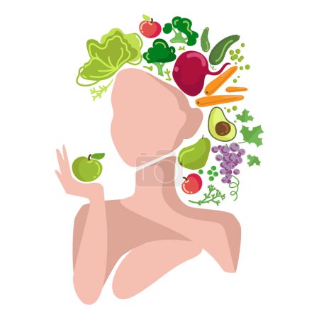 Ilustración de Cara de mujer abstracta con verduras y frutas en la ilustración del vector de la cabeza, emblema, plantilla de logotipo del póster. Alternativa saludable de la nutrición vegetariana - Imagen libre de derechos