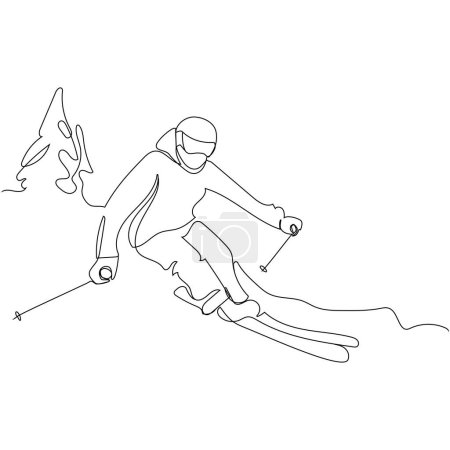 Téléchargez les illustrations : Ski coureur ligne continue dessin minimalisme conception vectoriel illustration isolée. Ski alpin ski alpin ligne unique. Concept de sport d'hiver. Extrême.Vacances d'hiver mode de vie actif - en licence libre de droit