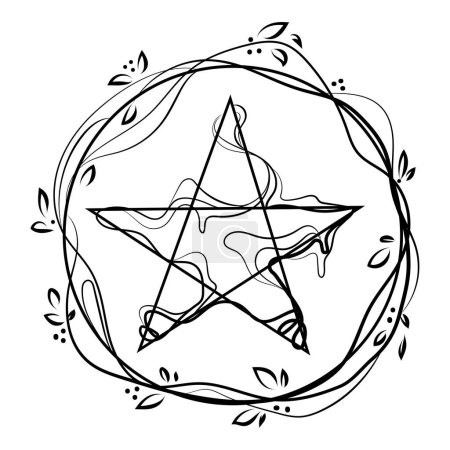 Illustration for Pentagonal star graphic pentagram in a circle with branches and leaves Line drawing icon logo vector illustration.Five pointed star,pentacle,acculite sign isolated on white background.Tattoo or print - Royalty Free Image