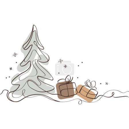 Árbol de navidad de línea continua con regalos Dibujo de arte mínimo.Diseño de Navidad y Año Nuevo para tarjeta de felicitación, póster, pancarta, fondo de vacaciones con lugar para ilustraciones de vectores de texto. 