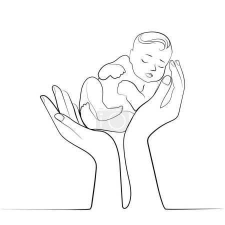 Neugeborenes Baby in den Händen der Mutter kontinuierliche Linie modernes Design, Umriss Vektor Illustration.Mutterschaft und Schwangerschaft, Leihmutterschaft, Gesundheit und Pflege in der Familie Konzept, Plakat, Logo, Emblem, Hintergrunddesign
