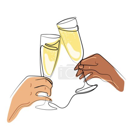 Ilustración de Una línea copas de champán clink.Two manos animando con copas de vino vector illustration.Cheers, celebración de la mano bebidas de vacaciones, dibujo de línea continua. Concepto lineal minimalista de celebrar - Imagen libre de derechos