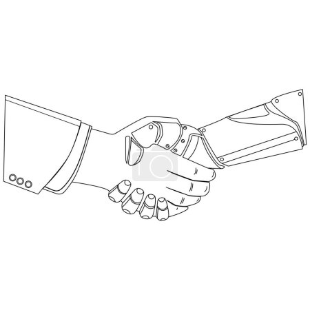 Business human and robot handshake line drawing vector illustration.Artificial intelligence concept.Bionic robotic hand and human hand outline symbol design,black and white image,logo,icon template