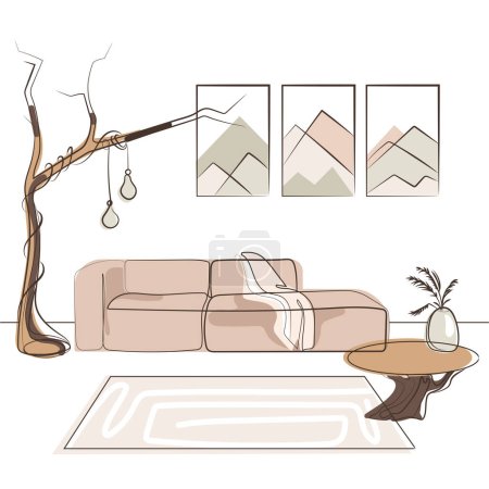 Ilustración de Moderno diseño interior minimalista de sala de estar con pinturas abstractas sofá, lámpara de pie en forma de madera, mesa de centro línea de dibujo vector.Japandi o interior Escandi, colores orgánicos y materiales naturales - Imagen libre de derechos