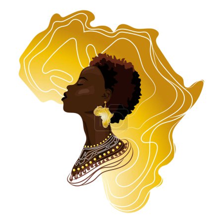 Porträt einer afrikanischen Frau vor dem Hintergrund der Goldenen Landkarte von Afrika Vektor konzeptionelle Illustration, Black History Month verwendet werden kann. Schöne schwarzhäutige Afroamerikanerin