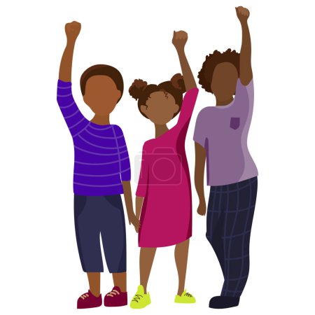 Illustration for African American ethnic children with raised fists up Black History Month concept vector flat illustration.Group of black skinned kids activists two little boys and a girl. - Royalty Free Image