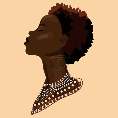 Ilustración de Beautiful African American woman with black curly hair on a monochrome beige background in modern style Vector illustration.Fashion portrait of Black strong girl profile view. Black beauty concept - Imagen libre de derechos